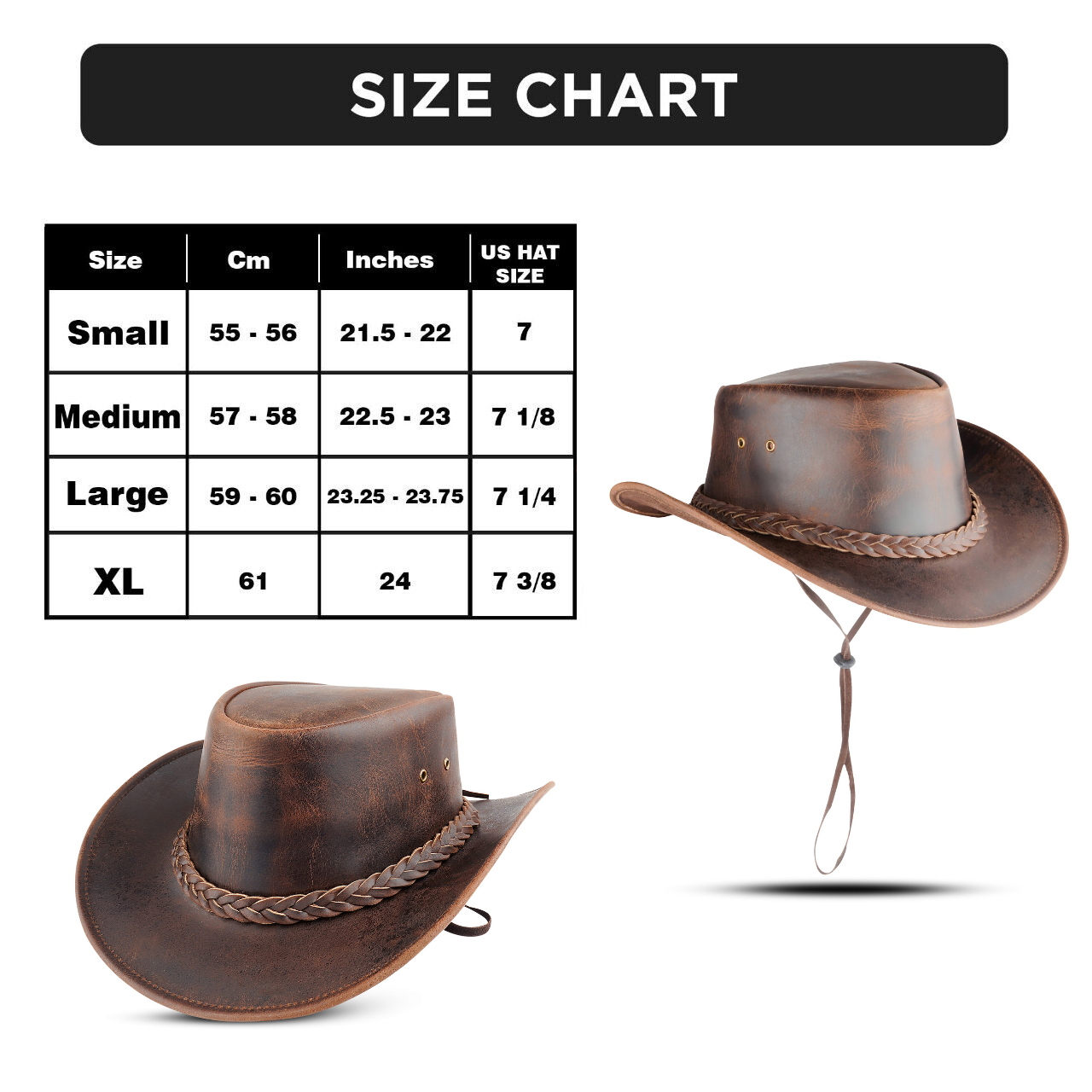 Black Western Leather Outback Cowboy Hat: Unisex, Size: XXL
