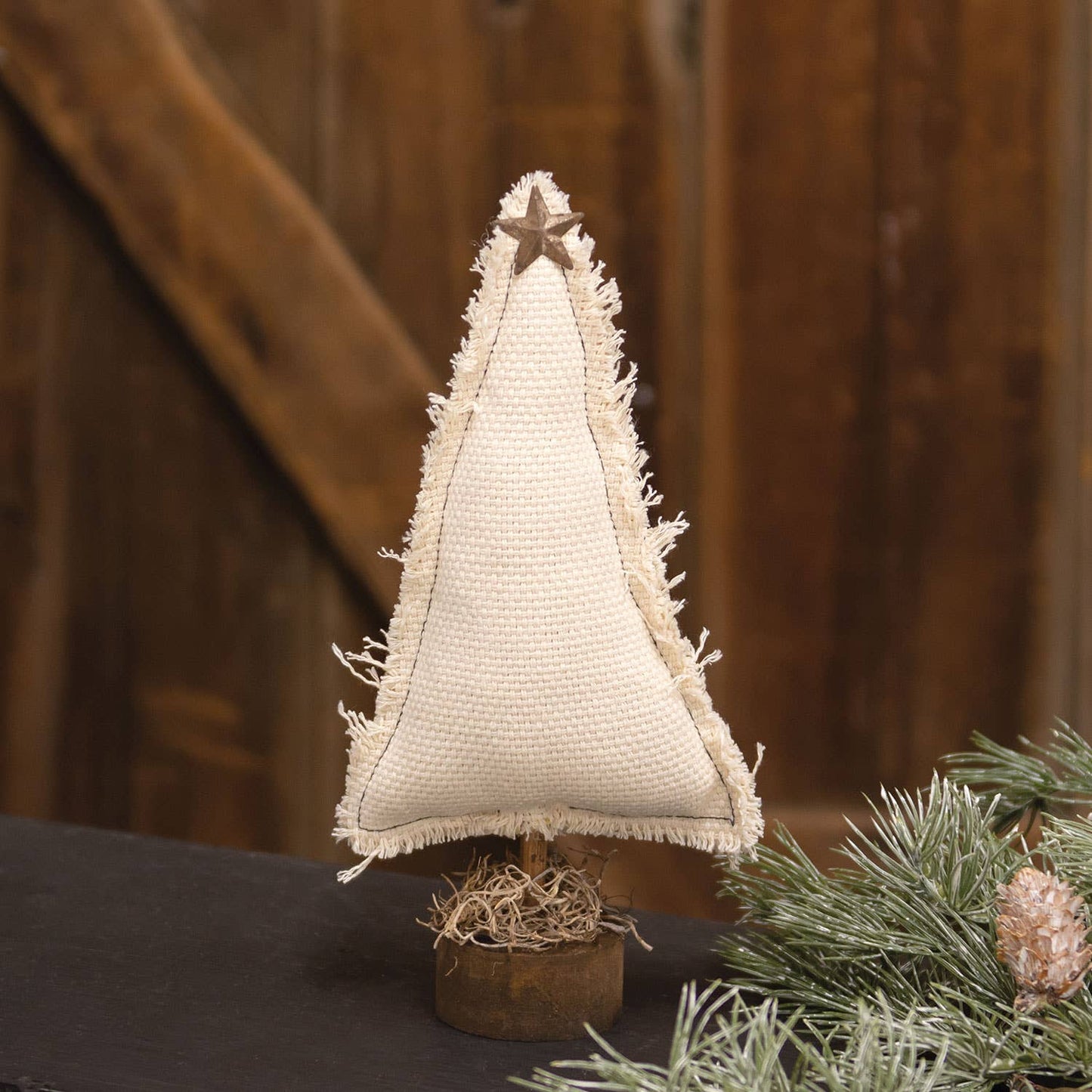 Fringed Stuffed Ivory Canvas Christmas Tree on Base, 9.5"