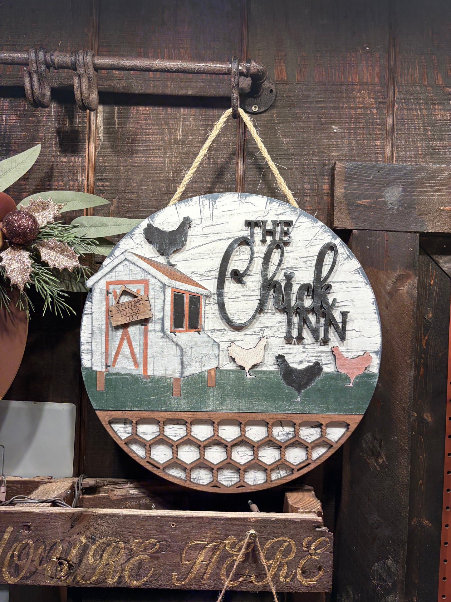Rustic Circular Wooden Front Door Sign - Chicken theme