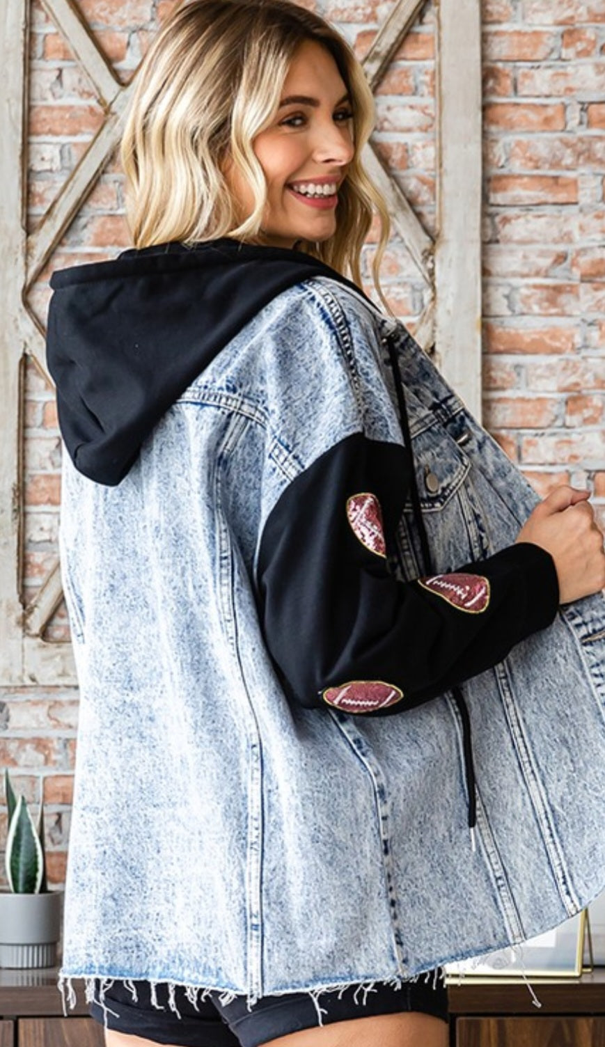 Denim contrast jacket with sequin footballs