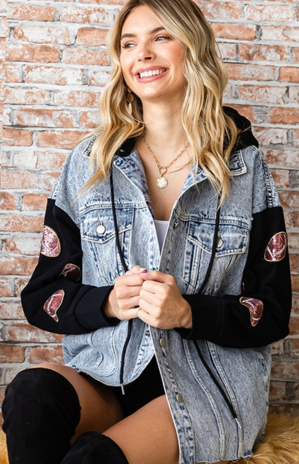Denim contrast jacket with sequin footballs