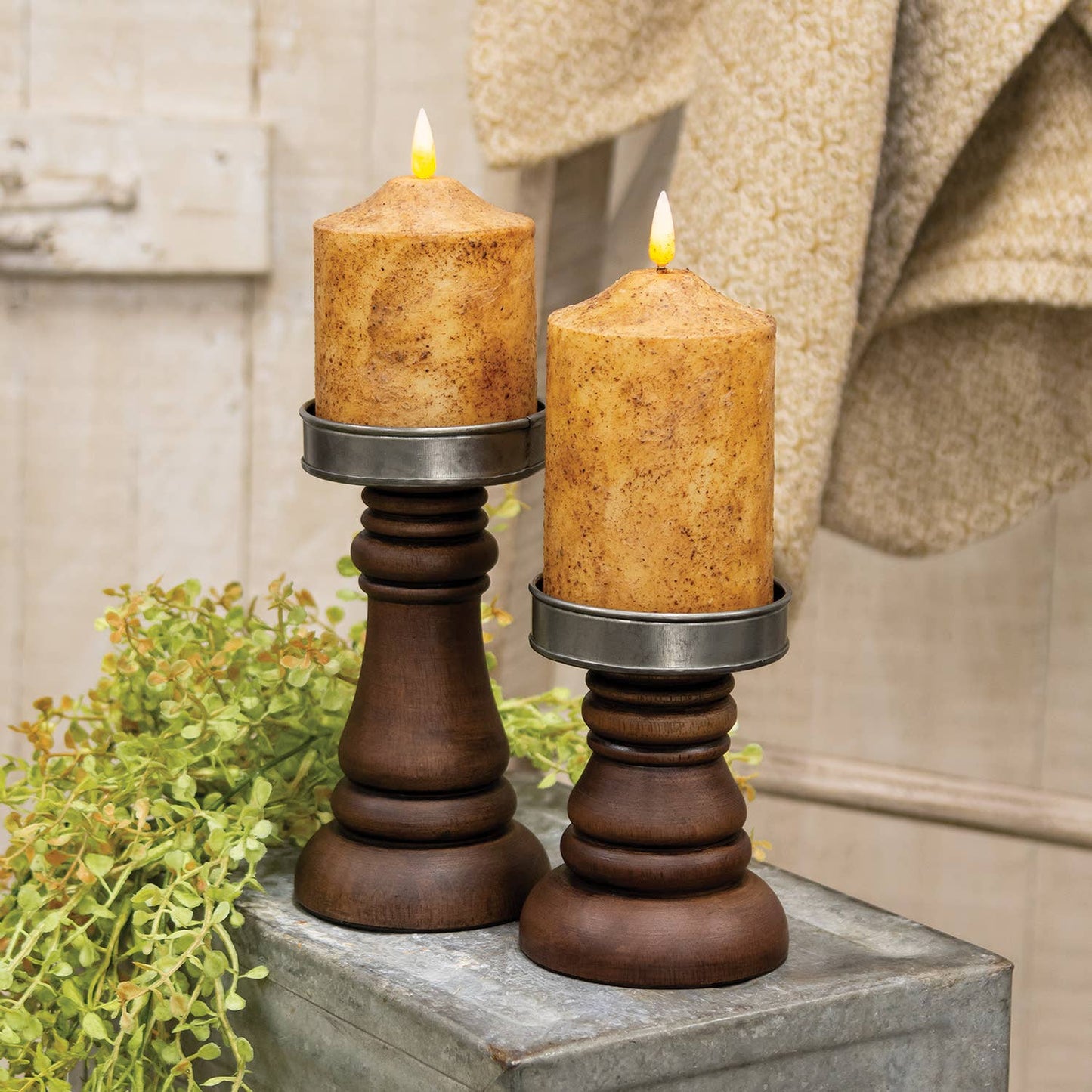 Walnut Stained Wood & Metal Pillar Holders, set of 2