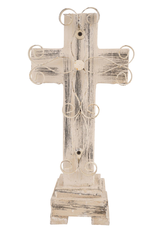 Laredo Pedestal Wood Cross-Farmhouse-Wood & Iron: Vintage White -8x17Hx4D