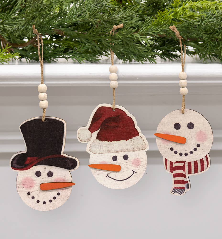 Weathered Snowman Wood Beaded Christmas Ornament, 3 Assorted
