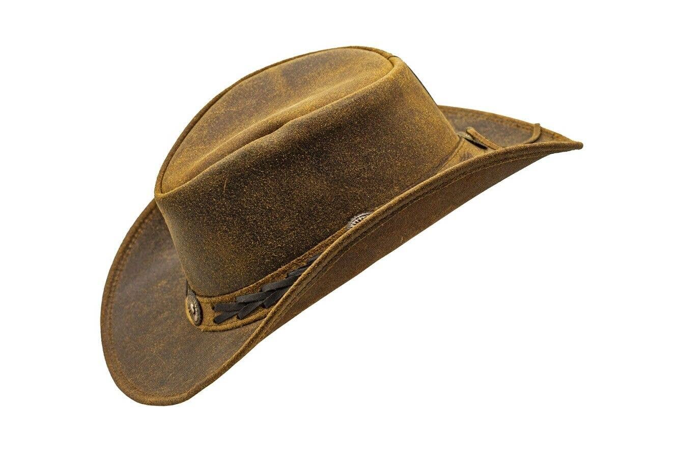 Brown Shapeable Western Leather Outback Cowboy Hat: Unisex, Size: Medium