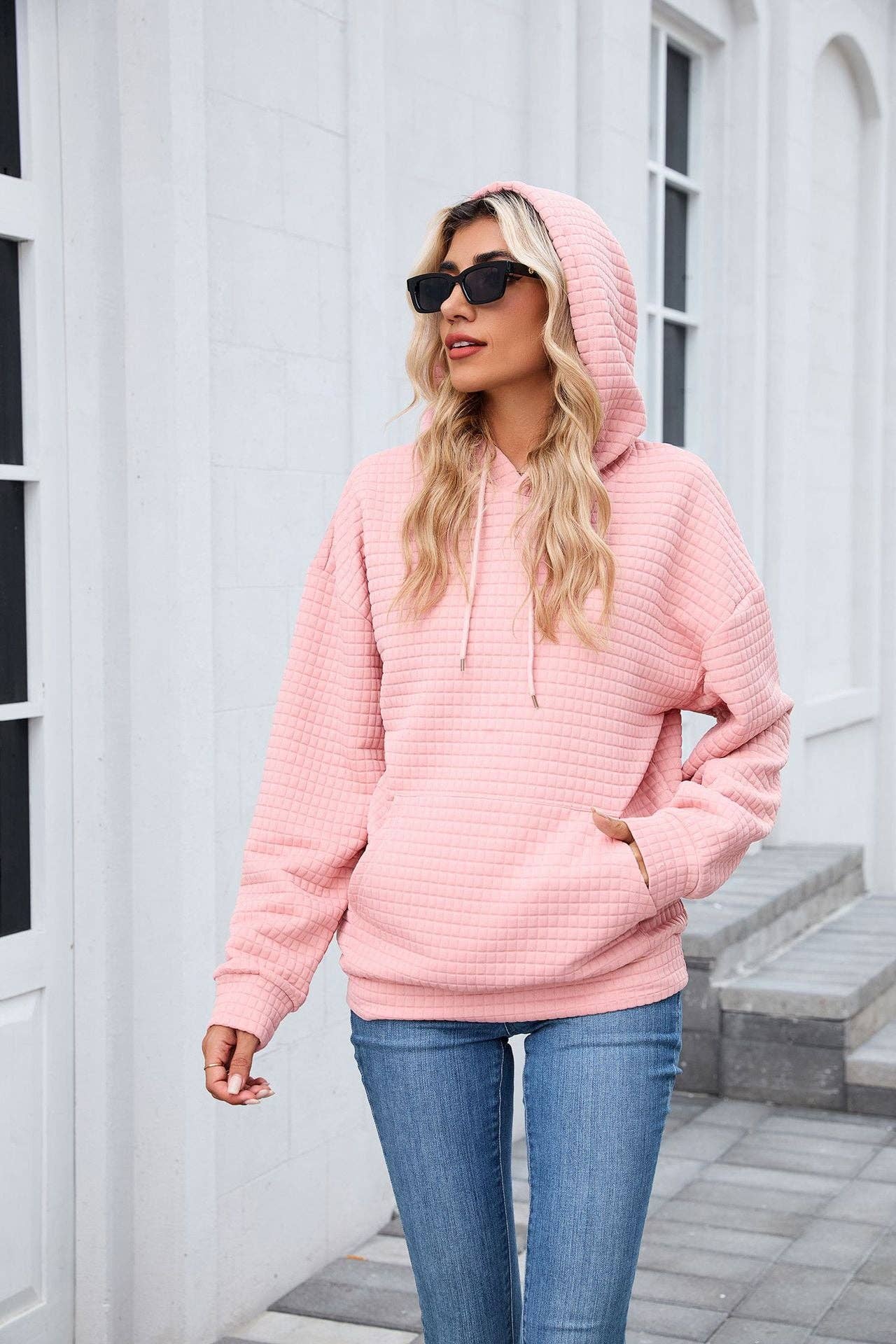 Pink Textured Oversized Hoodie with Front Pocket for Women: Pink / M