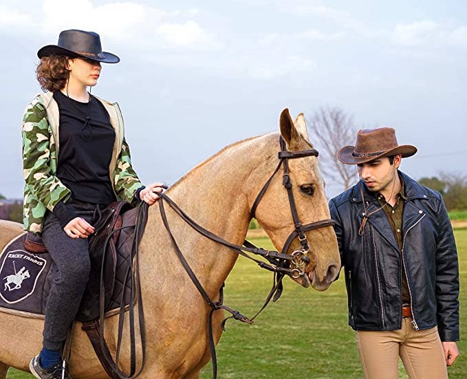Brown Shapeable Western Leather Outback Cowboy Hat: Unisex, Size: Medium