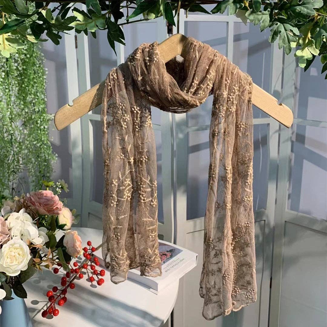 Scravii - Embroidered Lace Small Shawl Scarf: GREY