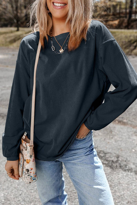 Vintage Washed Corduroy Rib Knit Oversized Sweatshirt: Dark Grey / S