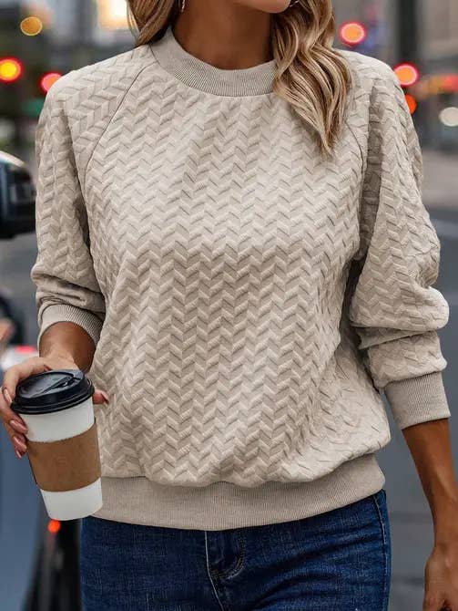 Textured Raglan Sleeve Pullover Sweatshirt: Beige / XL