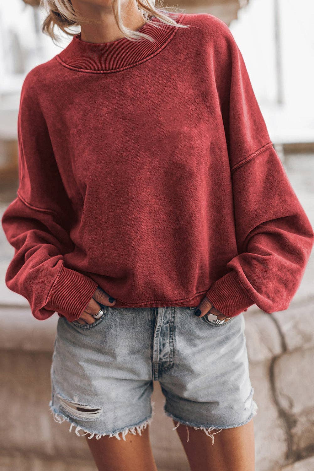 Women’s Washed Drop Shoulder Crewneck Sweatshirt: Red Dahlia / S