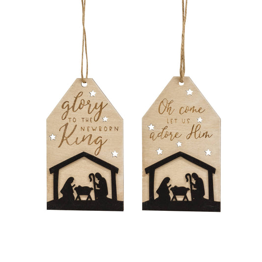 Let Us Adore Him Wooden Tag Christmas Ornament, 2 Assorted