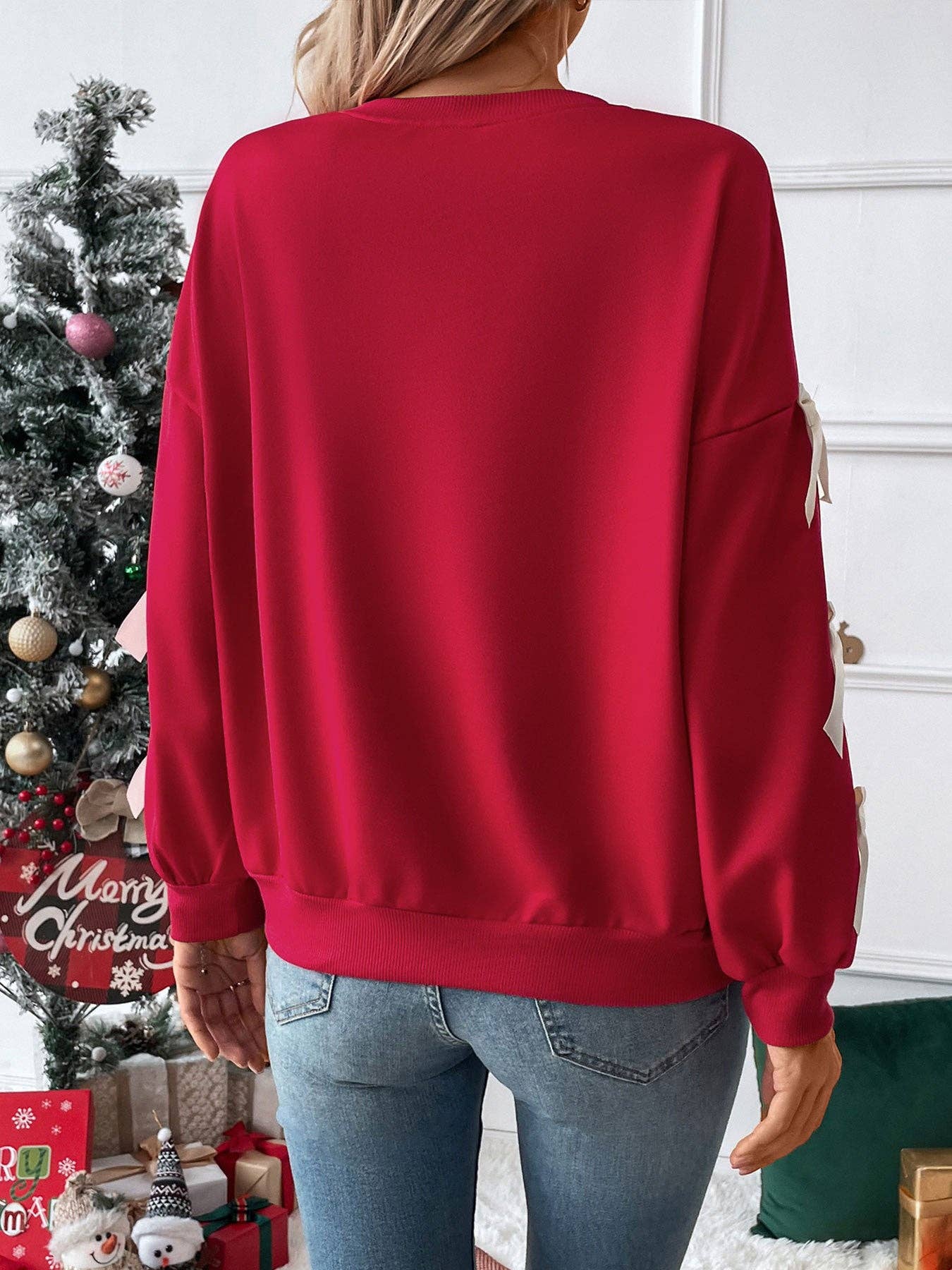 Christmas Bow Sleeve Round Neck Long Sleeve Sweatshirt: Red / S