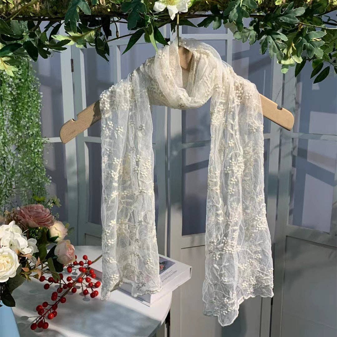 Scravii - Embroidered Lace Small Shawl Scarf: GREEN