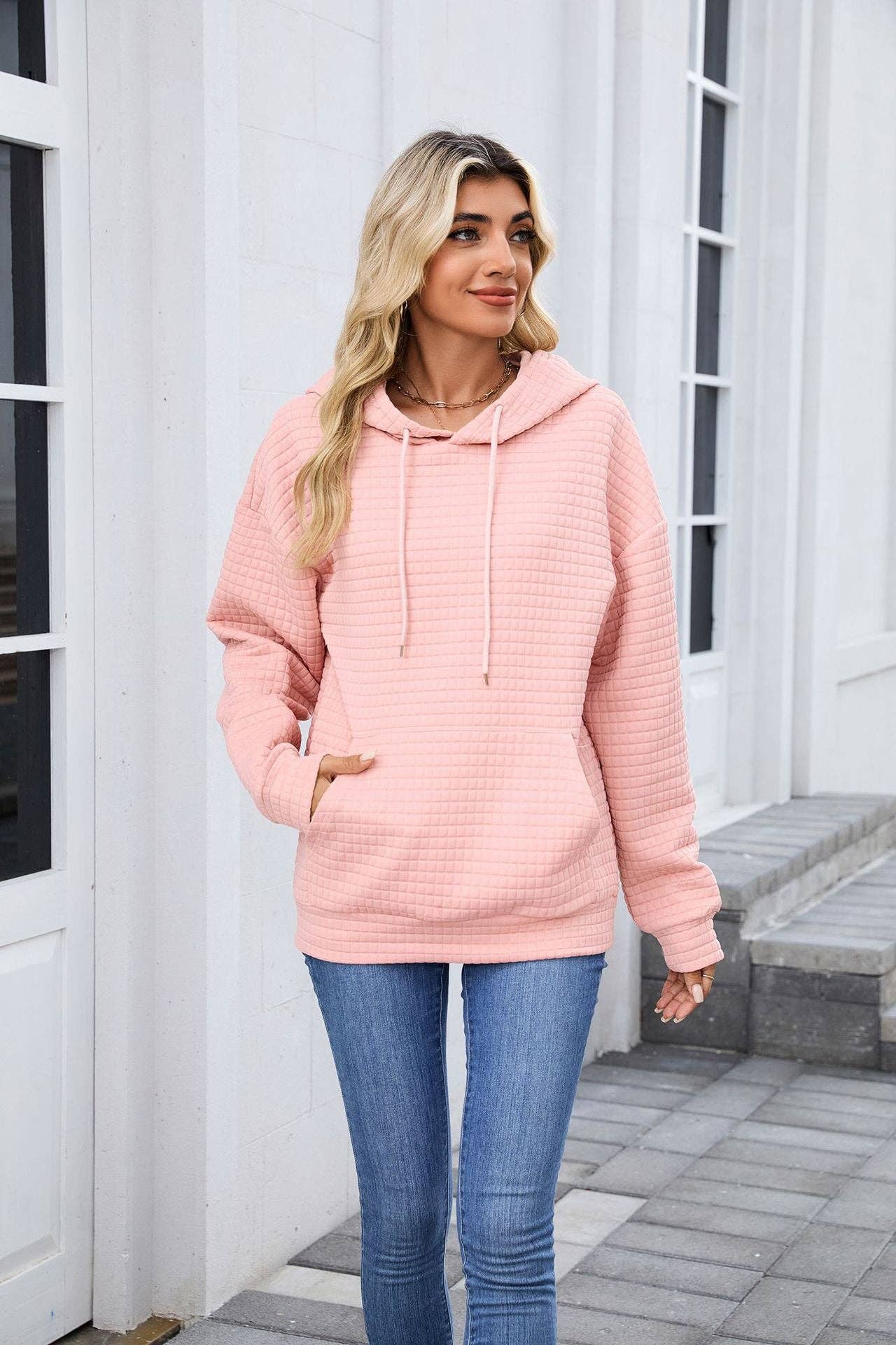 Pink Textured Oversized Hoodie with Front Pocket for Women: Pink / 2XL