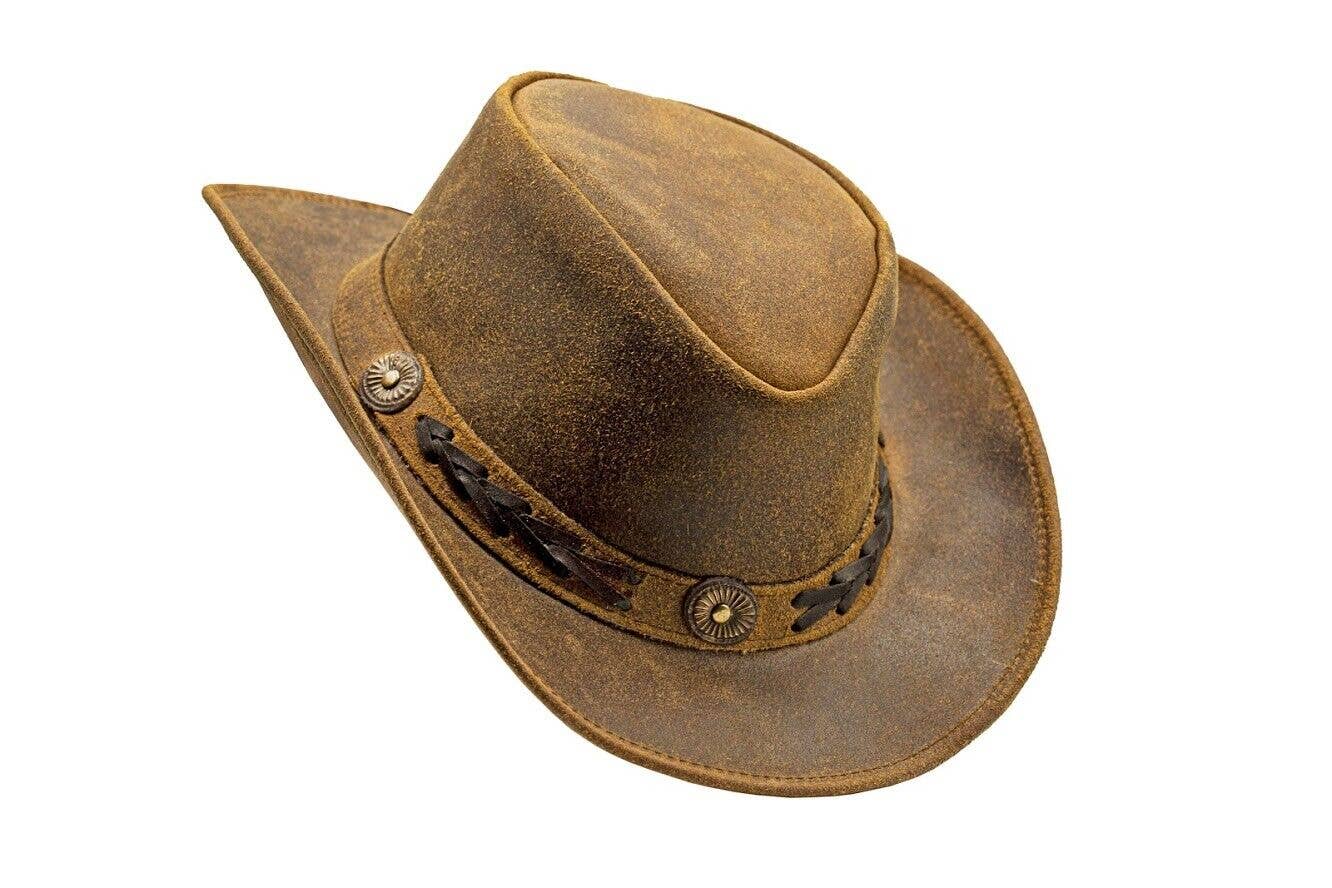 Brown Shapeable Western Leather Outback Cowboy Hat: Unisex, Size: Medium