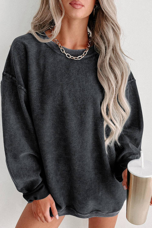 Round Neck Solid Ribbed Knit Pullover Sweatshirt: Black / XL