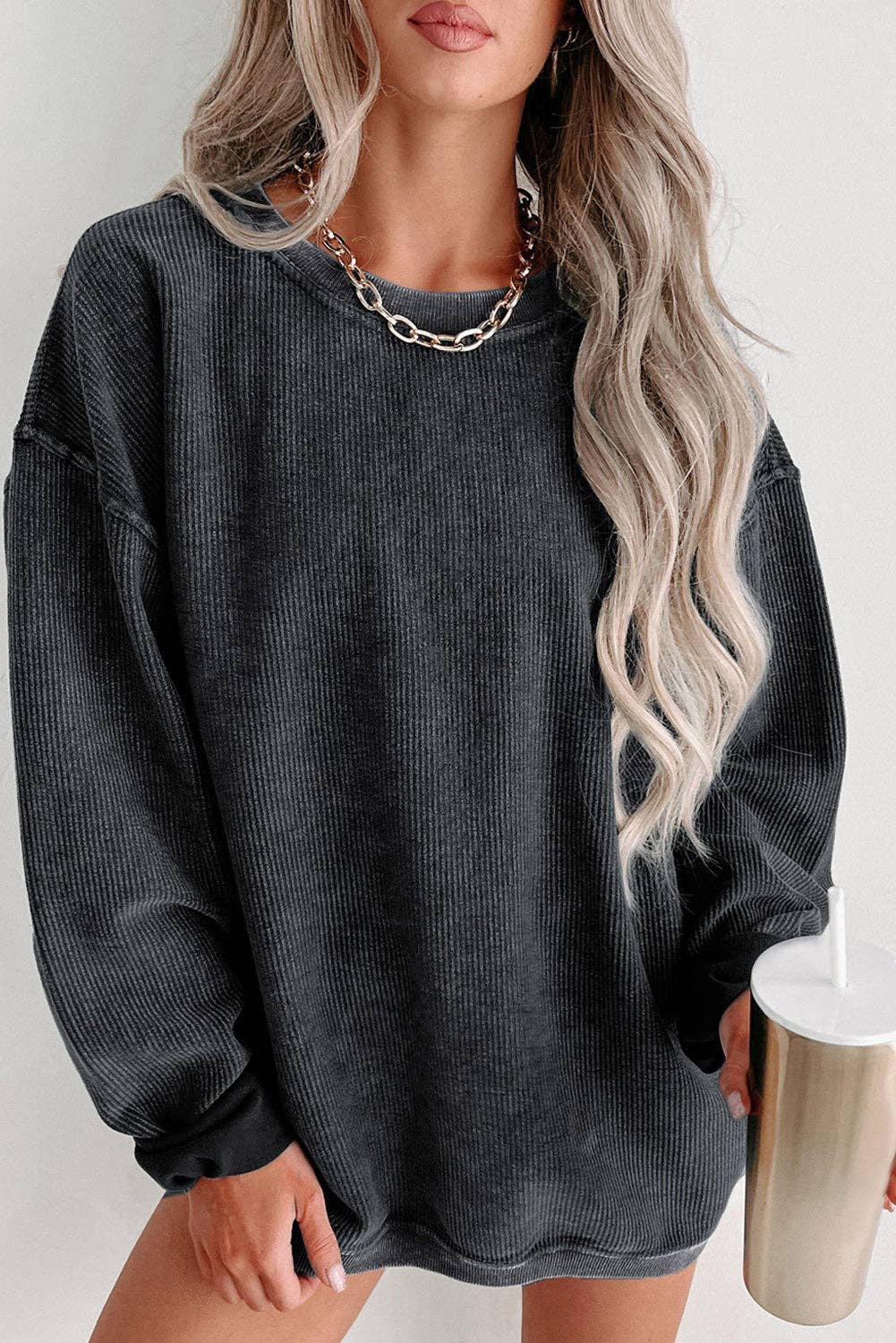 Round Neck Solid Ribbed Knit Pullover Sweatshirt: Black / M