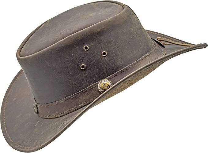 Shapeable Brown Western Durable Leather Outback Cowboy Hat: Unisex, Size: Large