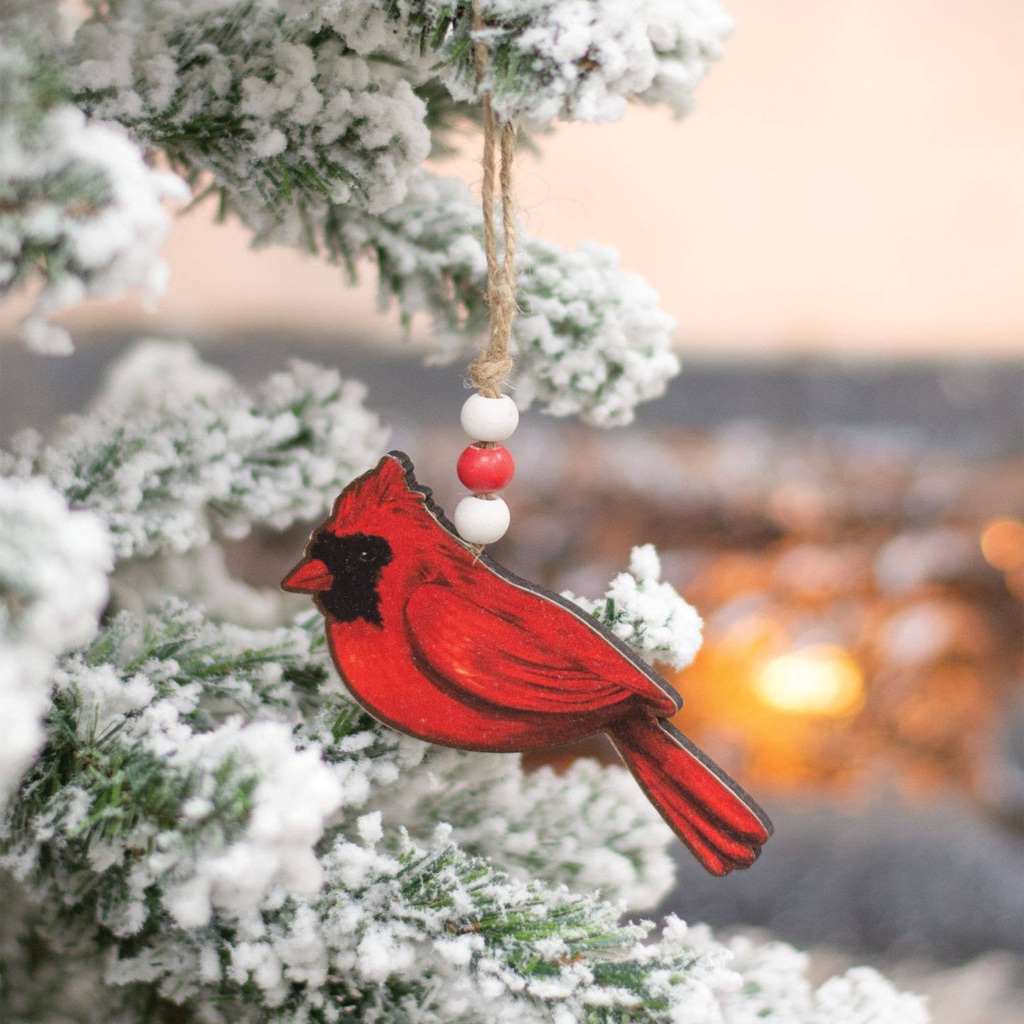 Wooden Cardinal Christmas Ornament w/Beaded Jute Hanger