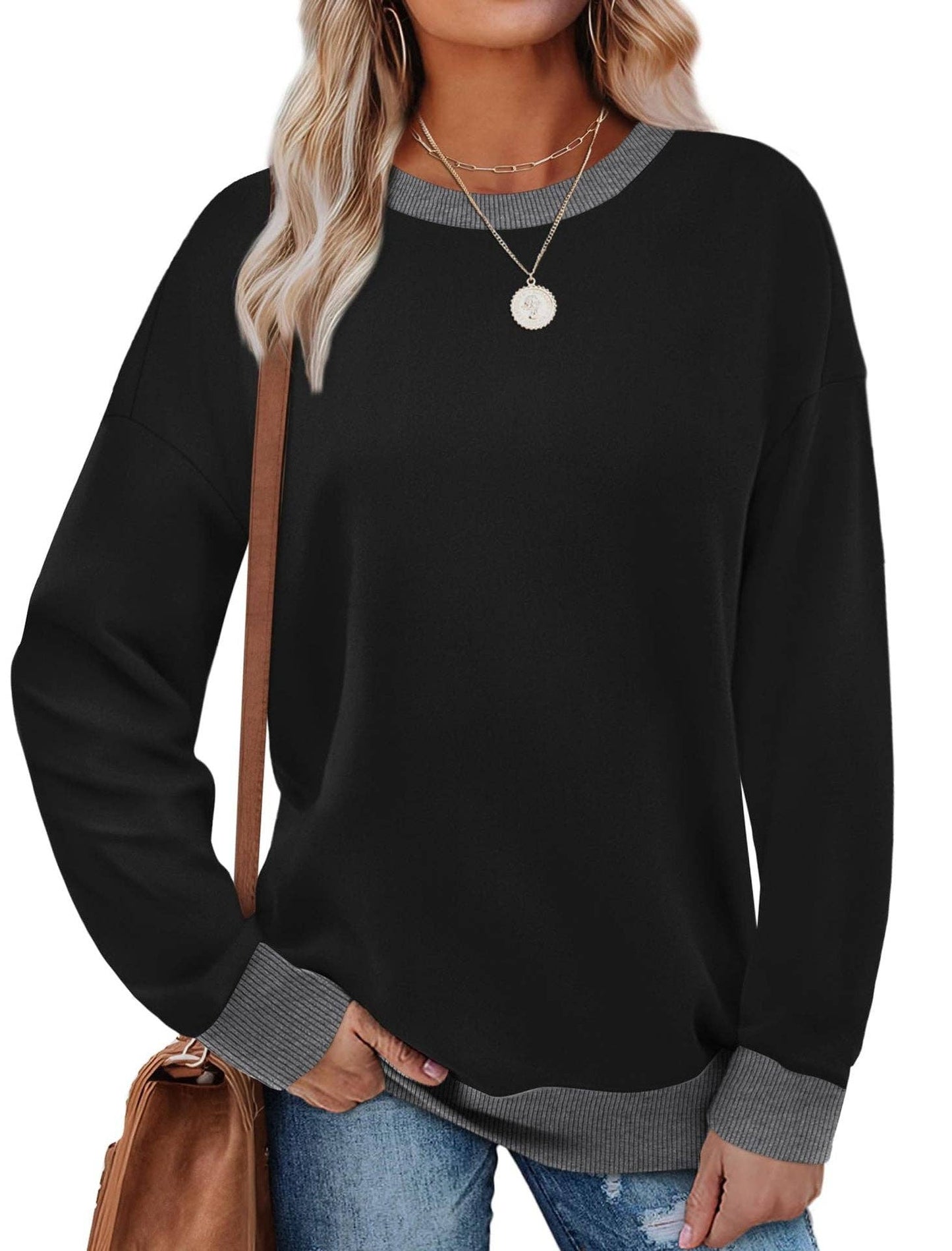 Colorblock Crewneck Pullover Sweatshirt for Women: Green / XL