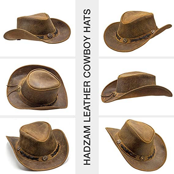 Brown Shapeable Western Leather Outback Cowboy Hat: Unisex, Size: Medium