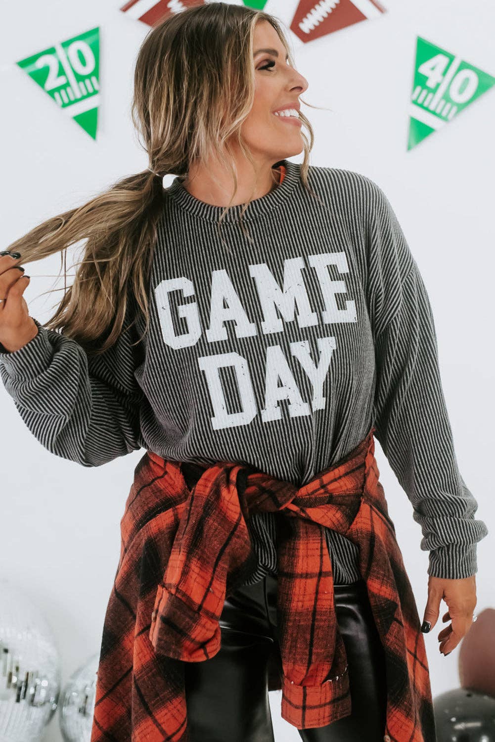 Dark Grey Corded GAME DAY Graphic Long Sleeve Crewneck Top: Dark Grey / S