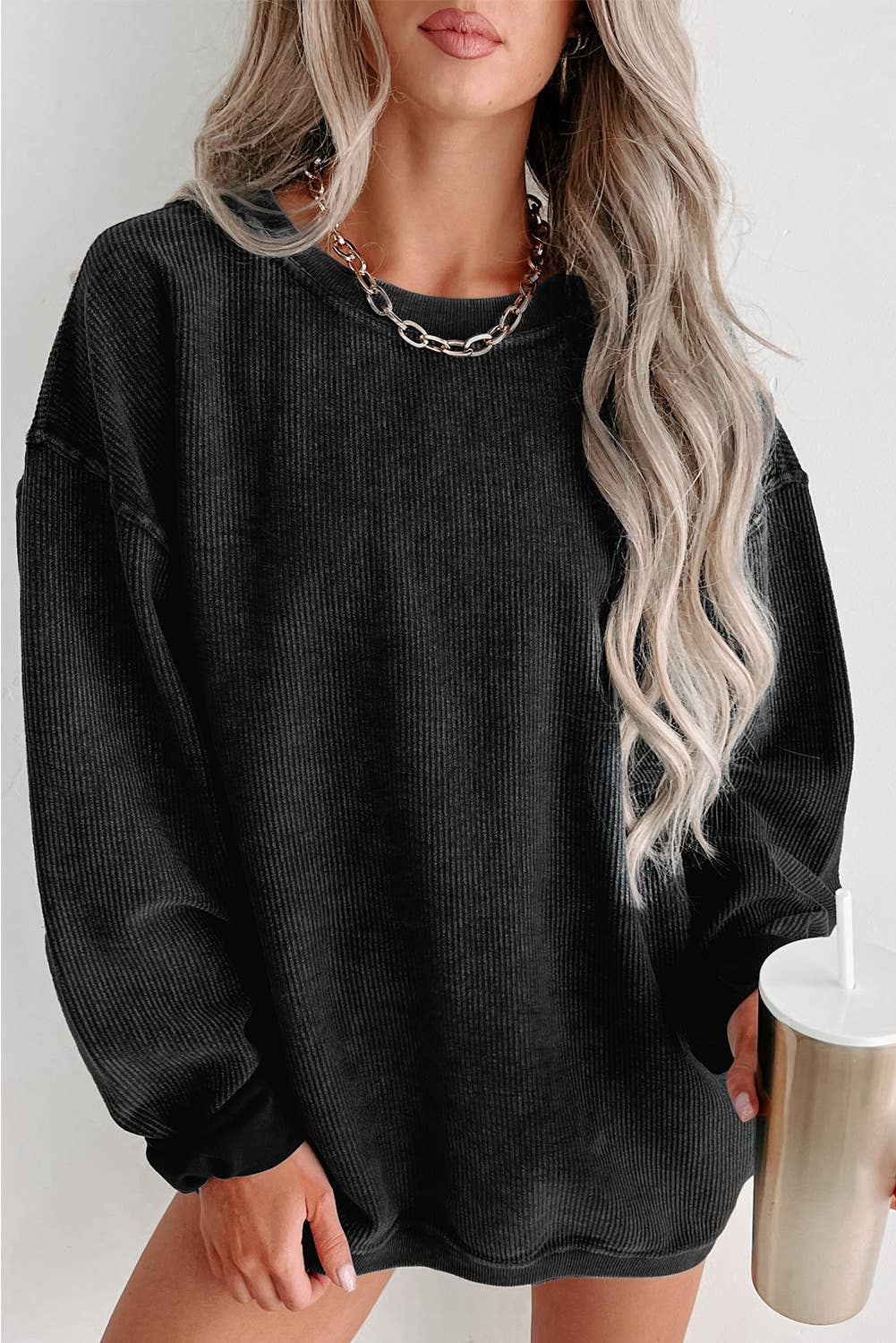 Round Neck Solid Ribbed Knit Pullover Sweatshirt: Black / L