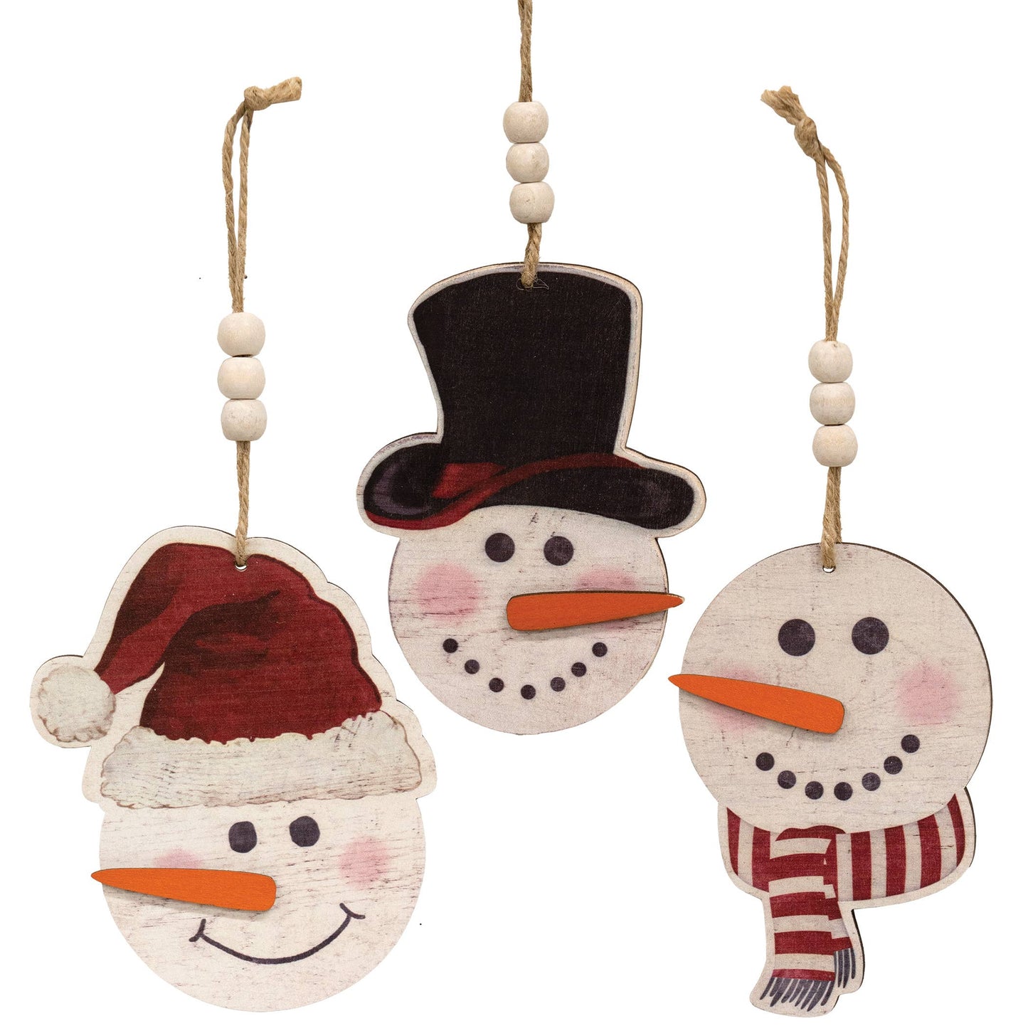 Weathered Snowman Wood Beaded Christmas Ornament, 3 Assorted
