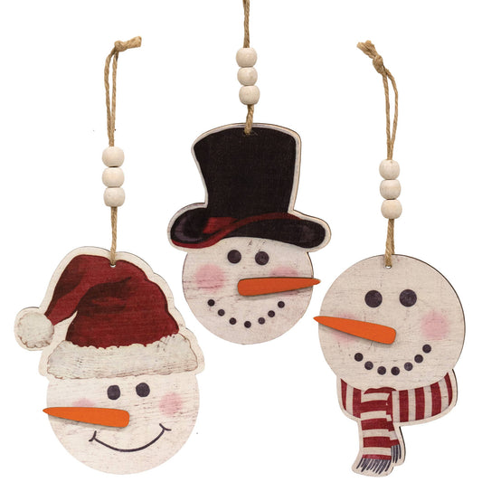 Weathered Snowman Wood Beaded Christmas Ornament, 3 Assorted
