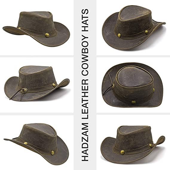 Shapeable Brown Western Durable Leather Outback Cowboy Hat: Unisex, Size: Large