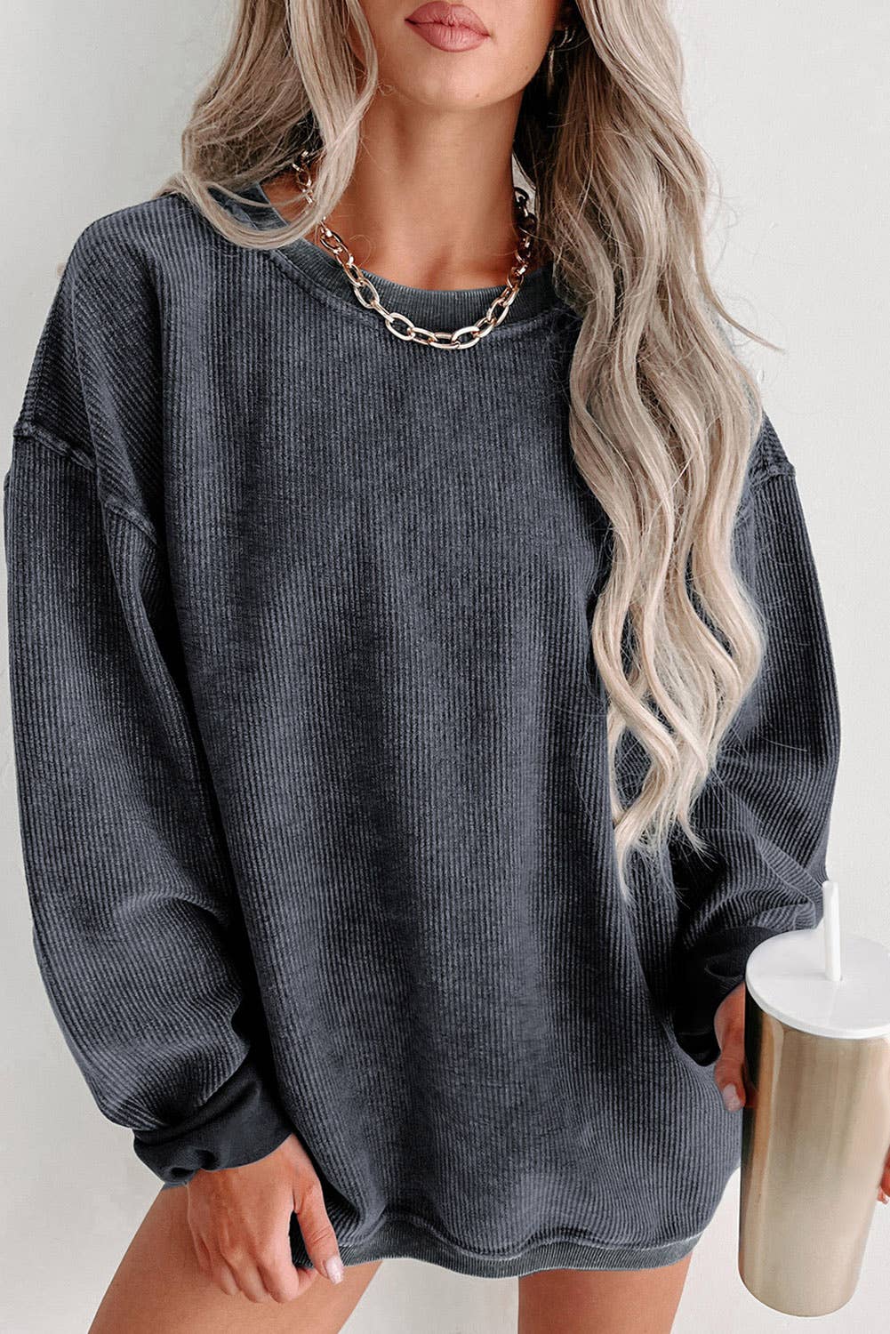 Round Neck Solid Ribbed Knit Pullover Sweatshirt: Black / L