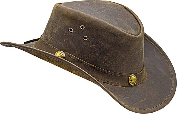 Shapeable Brown Western Durable Leather Outback Cowboy Hat: Unisex, Size: Large