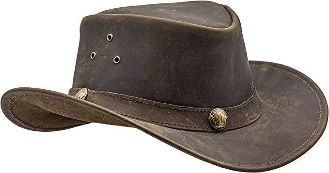 Shapeable Brown Western Durable Leather Outback Cowboy Hat: Unisex, Size: Large
