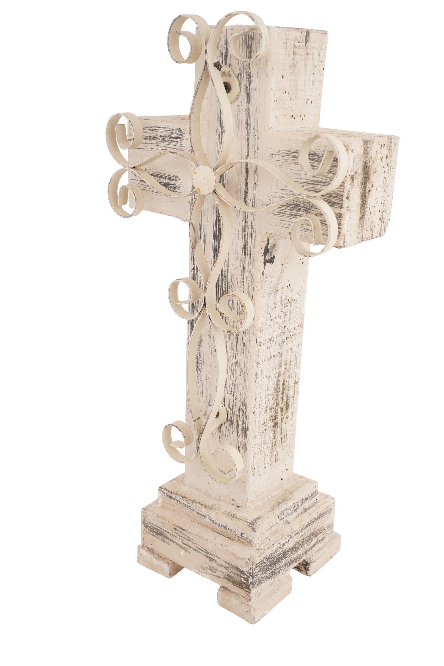 Laredo Pedestal Wood Cross-Farmhouse-Wood & Iron: Vintage White -8x17Hx4D