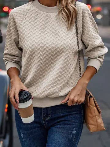 Textured Raglan Sleeve Pullover Sweatshirt: Beige / M