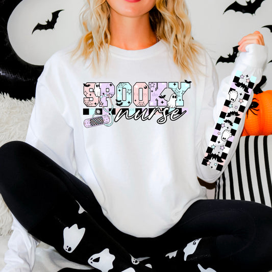 SPOOKY NURSE- FRONT & DOUBLE SLEEVE DESIGN CREWNECK SWEATSHIRT