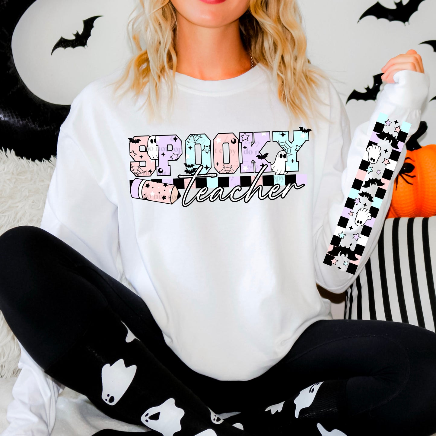 SPOOKY TEACHER- FRONT & DOUBLE SLEEVE DESIGN CREWNECK SWEATSHIRT