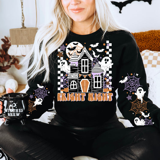 FIGHT NIGHT HAUNTED HOUSE - FRONT & DOUBLE SLEEVE DESIGN CREWNECK SWEATSHIRT