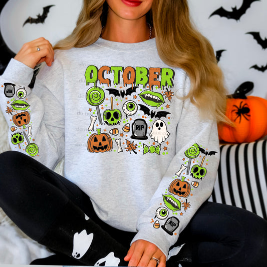 OCTOBER GREEN- FRONT & DOUBLE SLEEVE DESIGN CREWNECK SWEATSHIRT