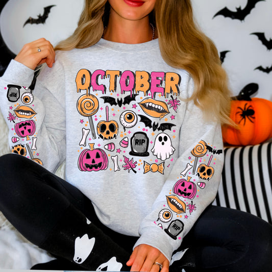 OCTOBER PINK- FRONT & DOUBLE SLEEVE DESIGN CREWNECK SWEATSHIRT