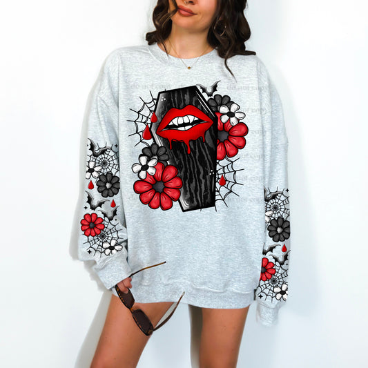 COFFIN WEB- FRONT & DOUBLE SLEEVE DESIGN CREWNECK SWEATSHIRT