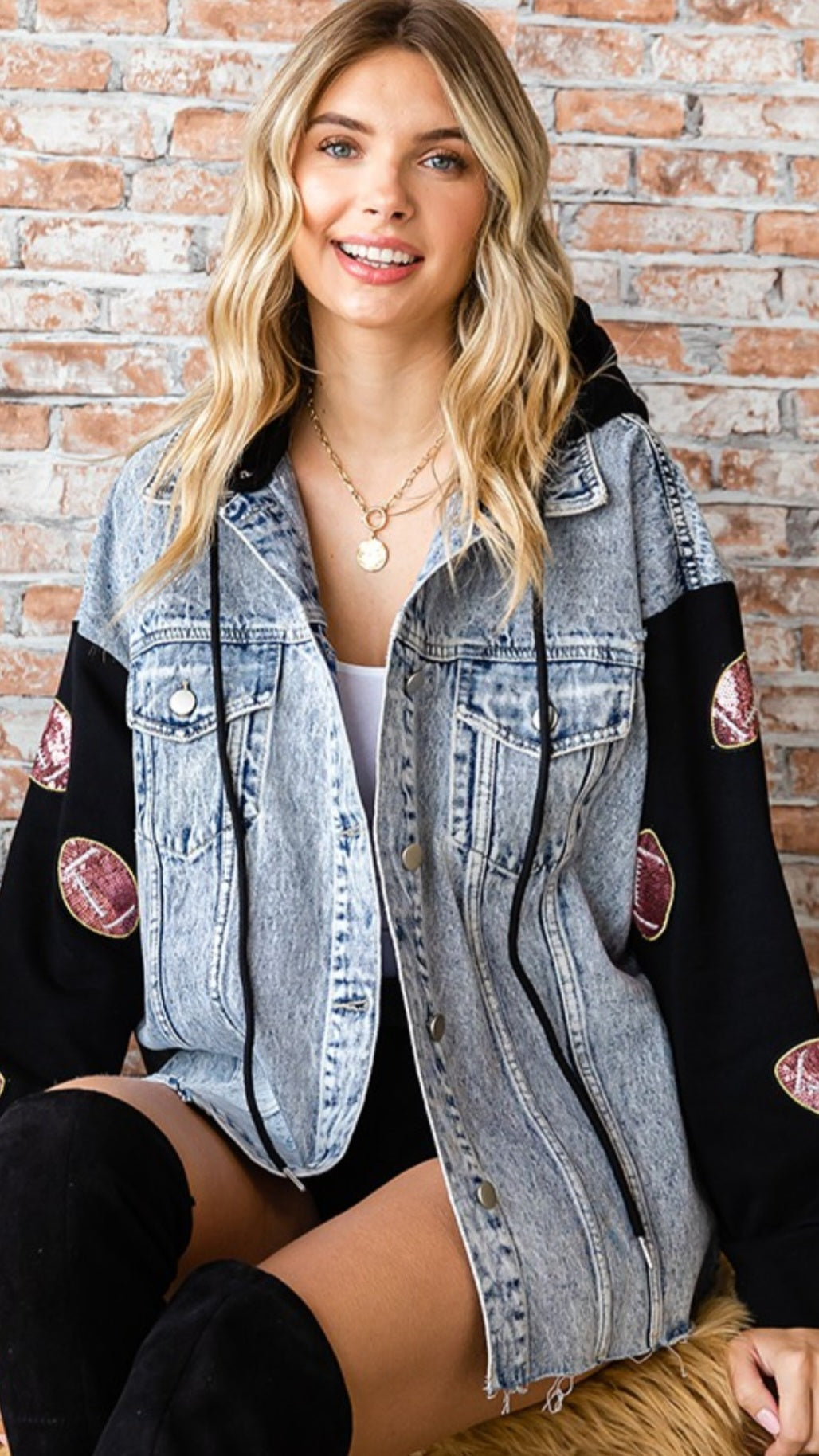 Denim contrast jacket with sequin footballs