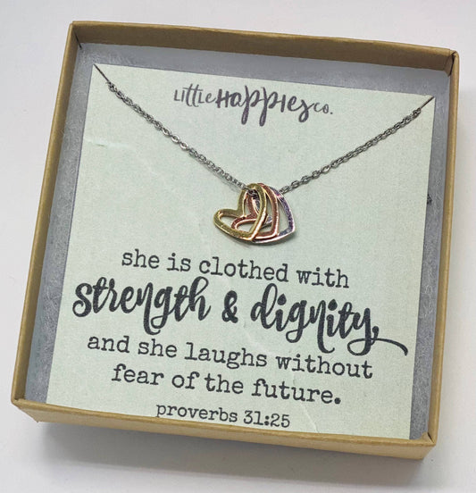 Christian heart necklace, Strength & dignity: Necklace & Card Only / Silver