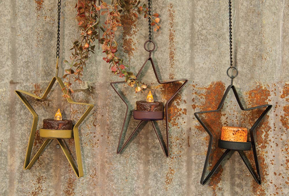 Hanging Whimsical Star Timer Tealight Holder, 3 Assorted
