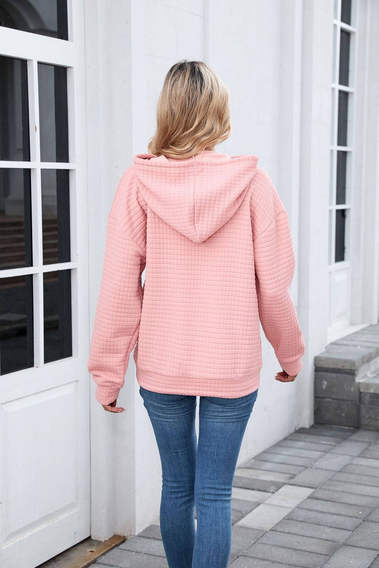 Pink Textured Oversized Hoodie with Front Pocket for Women: Pink / L