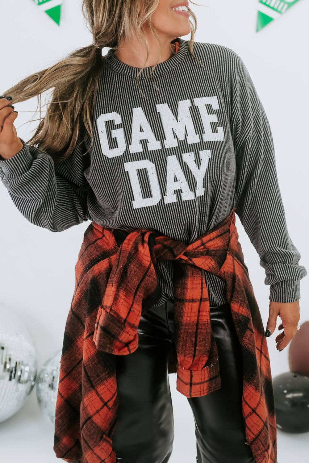 Dark Grey Corded GAME DAY Graphic Long Sleeve Crewneck Top: Dark Grey / S