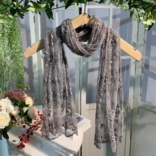 Scravii - Embroidered Lace Small Shawl Scarf: GREY
