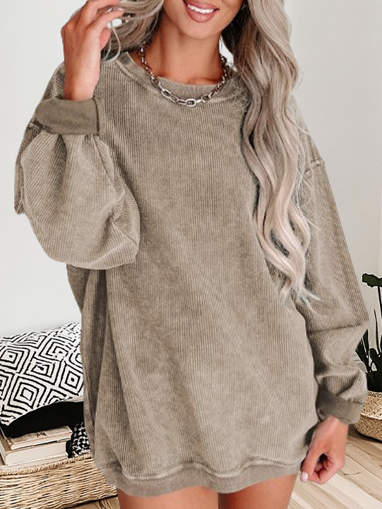 Round Neck Solid Ribbed Knit Pullover Sweatshirt: Black / 2XL