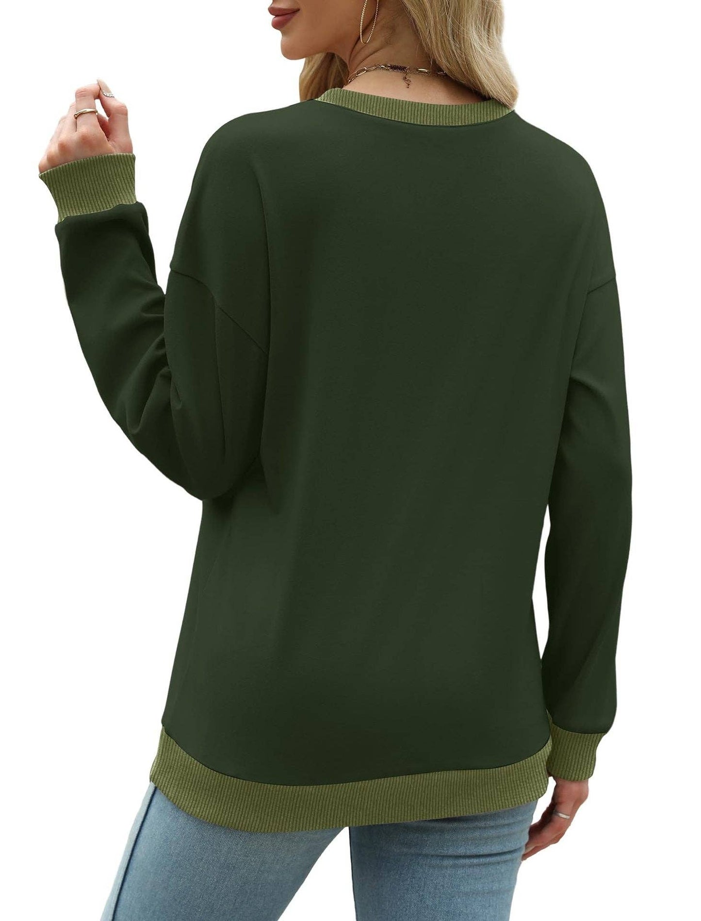 Colorblock Crewneck Pullover Sweatshirt for Women: Green / S